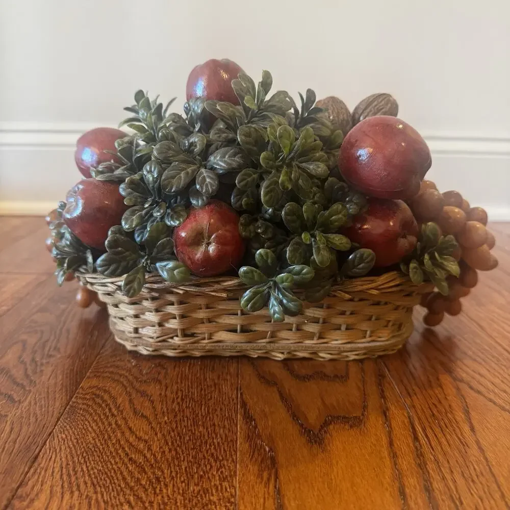 Vintage Plastic Fruit Arrangement Woven Basket Walnuts Apples Grapes Ladybug MCM